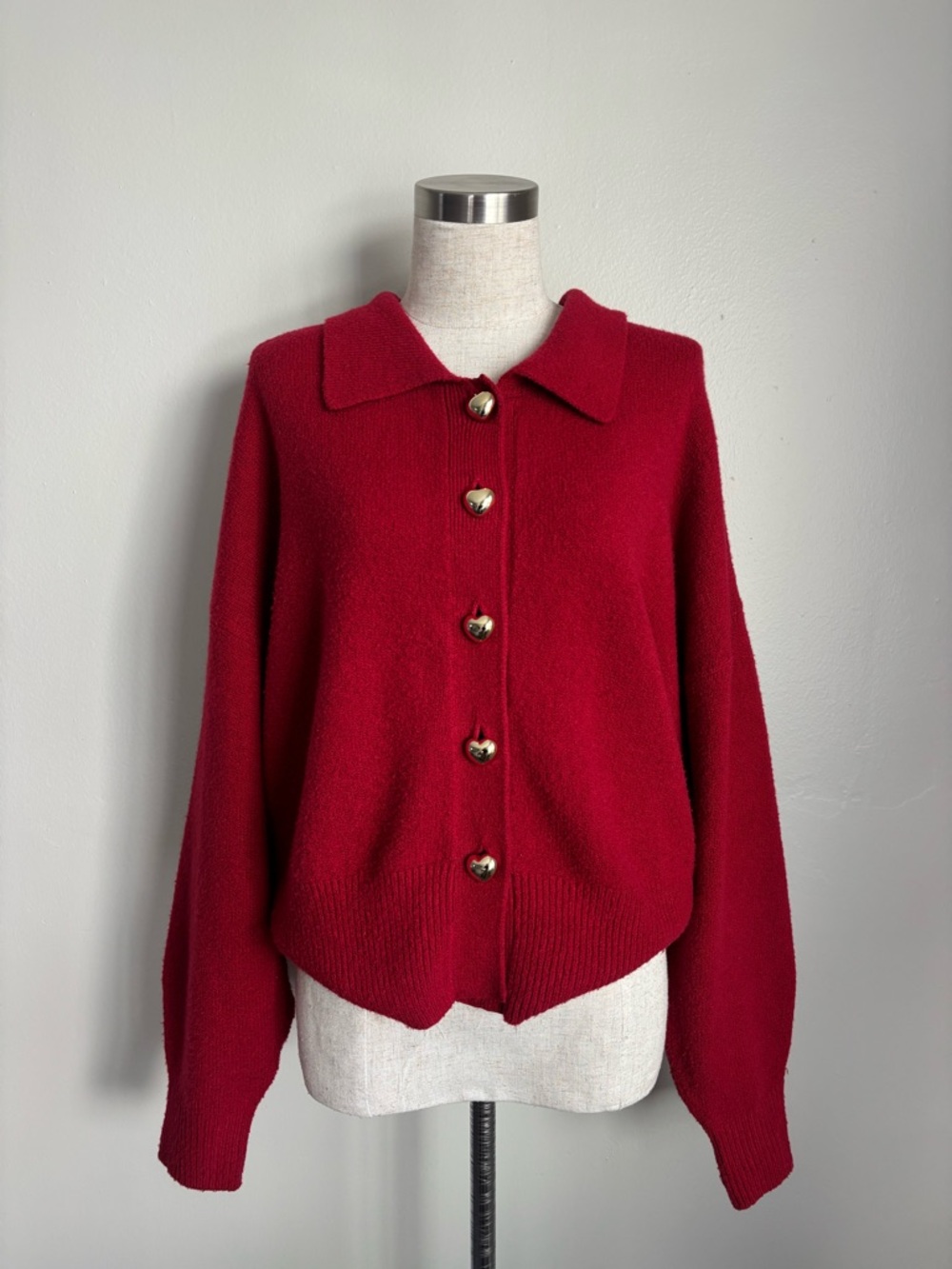 A New Day Gold Heart Button Deep Red Cardigan Sweater